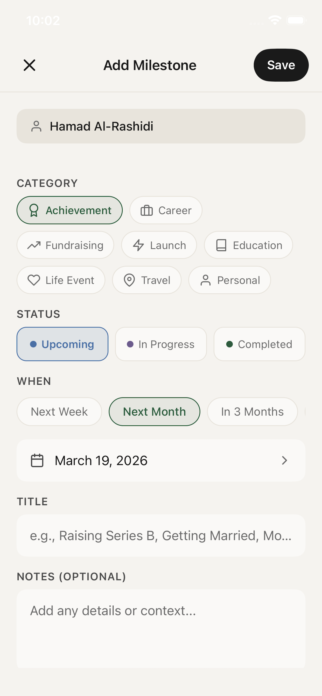 Add Milestone — never miss a big moment