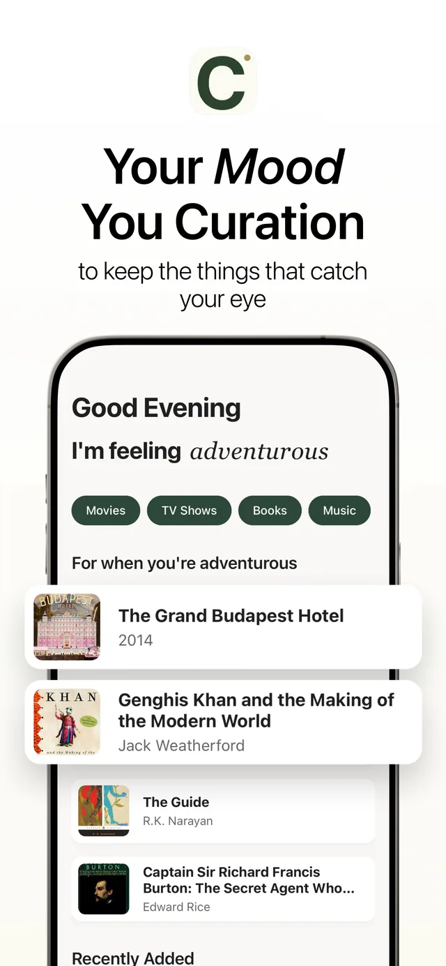 Curated's home screen, browsing the library by how you want to feel