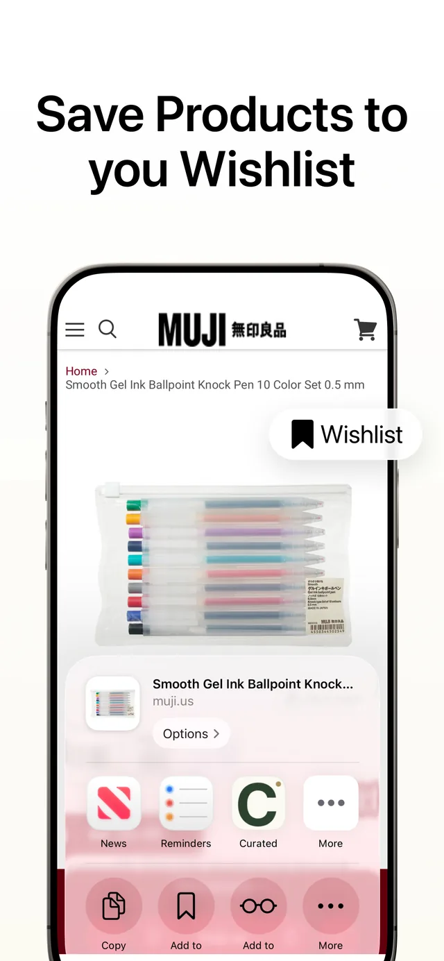 Saving a MUJI product to a wishlist from the iOS share sheet