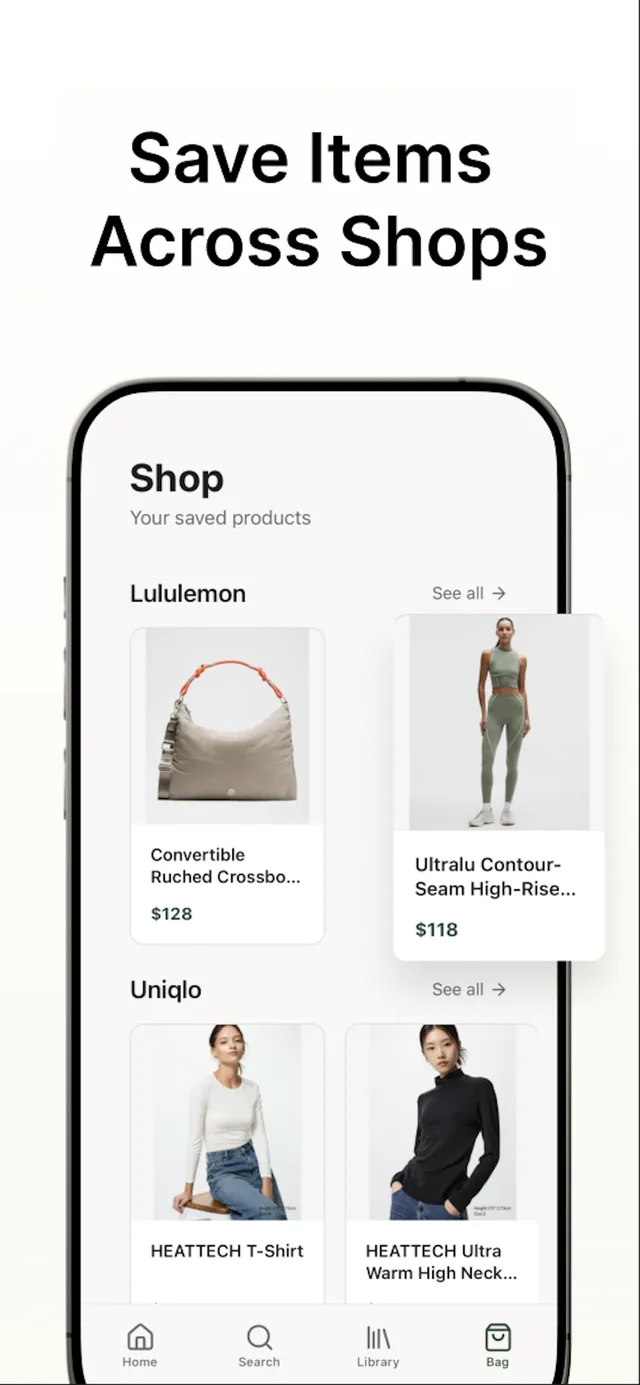 The Shop tab showing saved products from Lululemon and Uniqlo